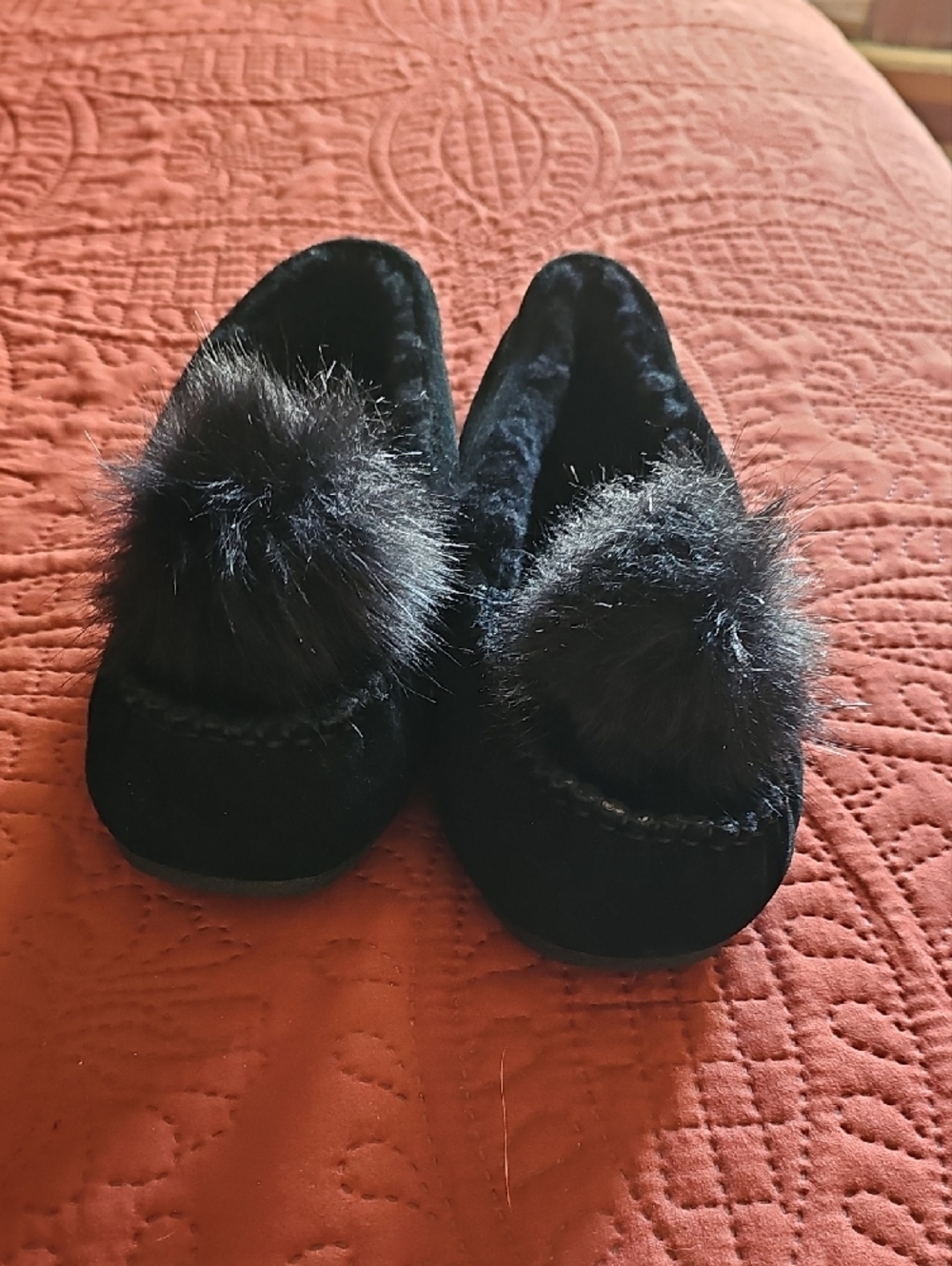 BearPaw Black Faux-Fur Pom Moccasin Slippers - Picture 6 of 8